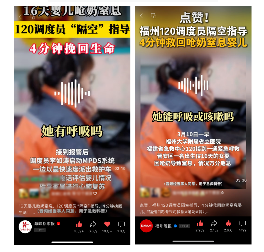 【中心新闻】人民日报关注：4分钟挽回生命！福建省急救中心120调度员“隔空抢救”呛奶婴儿